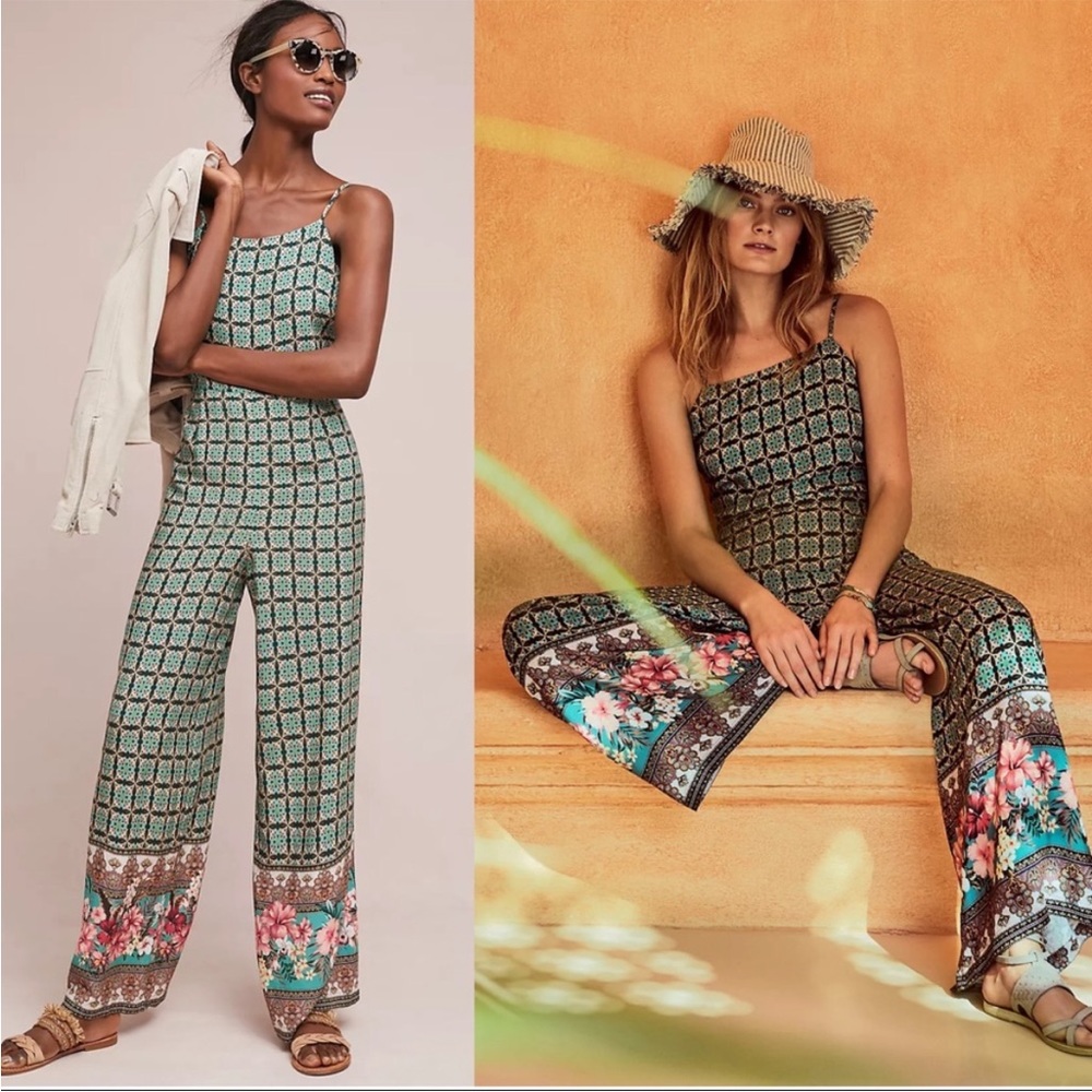 FARM Rio Anthropologie Honolulu Summer Wide Leg Jumpsuit in Tropical Green sz XS